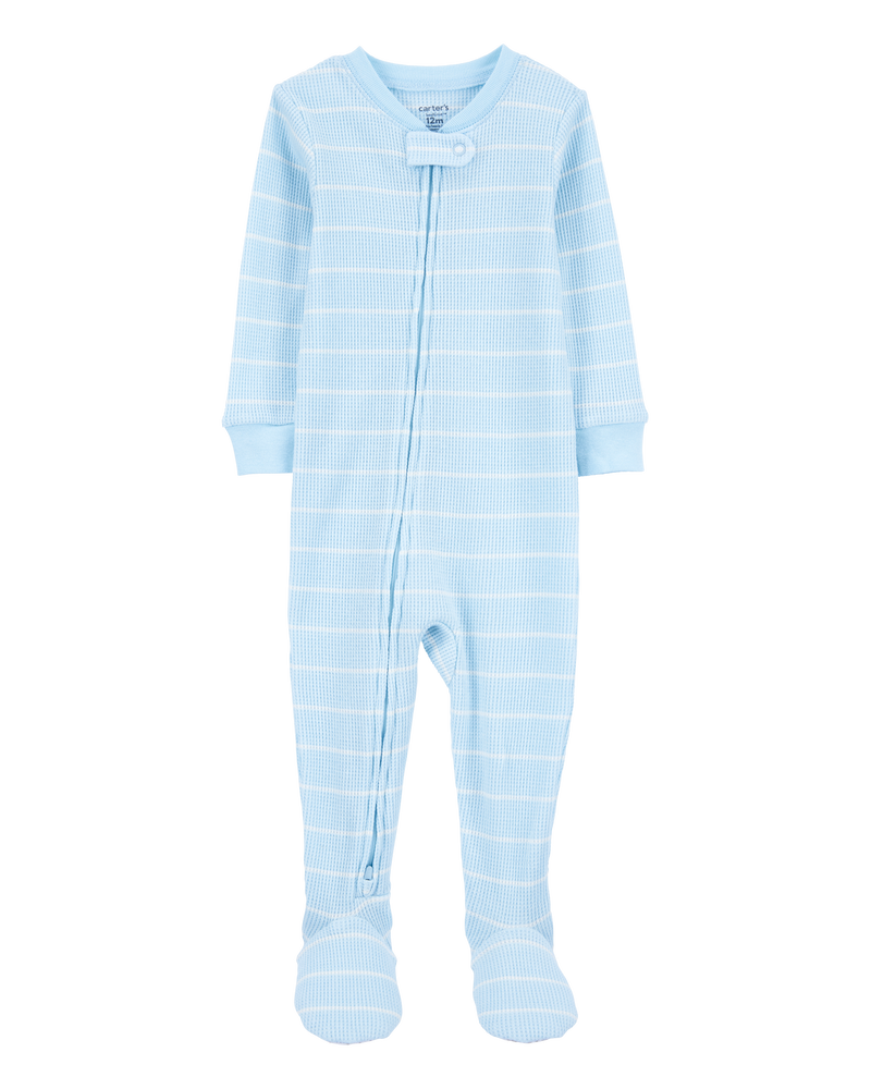Toddler Boy Striped Waffle Knit Footie 1-Piece Pyjamas - Blue, image 1 of 4 slides