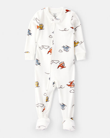 B&eacute;b&eacute; gar&ccedil;on - Pyjama une pi&egrave;ce ajust&eacute; &agrave; manches longues et fermeture &agrave; glissi&egrave;re double sens DreamPlush &agrave; motif d&rsquo;h&eacute;licopt&egrave;res &ndash; Blanc, 