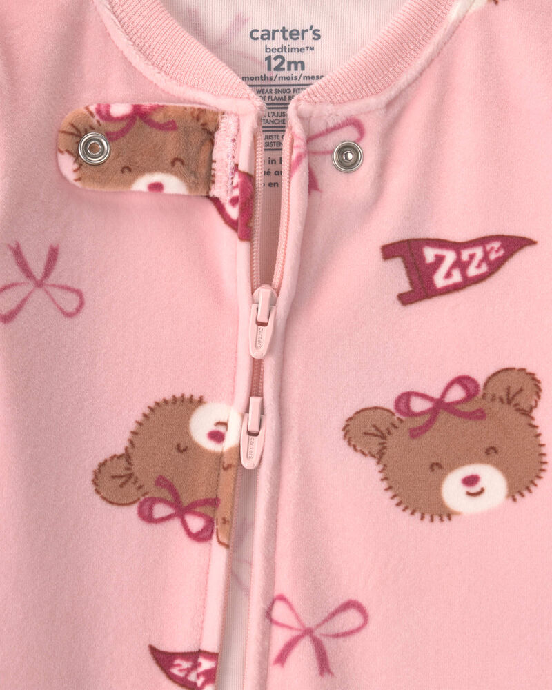 B&eacute;b&eacute; fille - Pyjama ajust&eacute; 1 pi&egrave;ce en DreamPlush avec fermeture &agrave; glissi&egrave;re double sens et motif ourson et n&oelig;ud - Rose, image 3 sur 4 diapositives