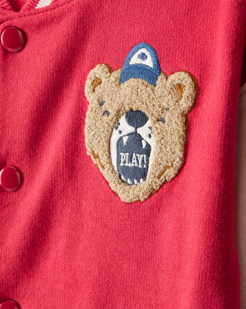 Tout-petit garçon - Blouson universitaire de style aviateur à manches longues avec ours - Rouge, 