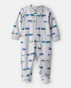 B&eacute;b&eacute; gar&ccedil;on - Grenouill&egrave;re ajust&eacute;e &agrave; manches longues en coton &agrave; imprim&eacute; de trains - Gris, image 1 sur 3 diapositives