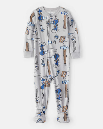 Tout-petit garçon - Pyjama une pièce ajusté en coton à manches longues à motif de construction - Gris, 