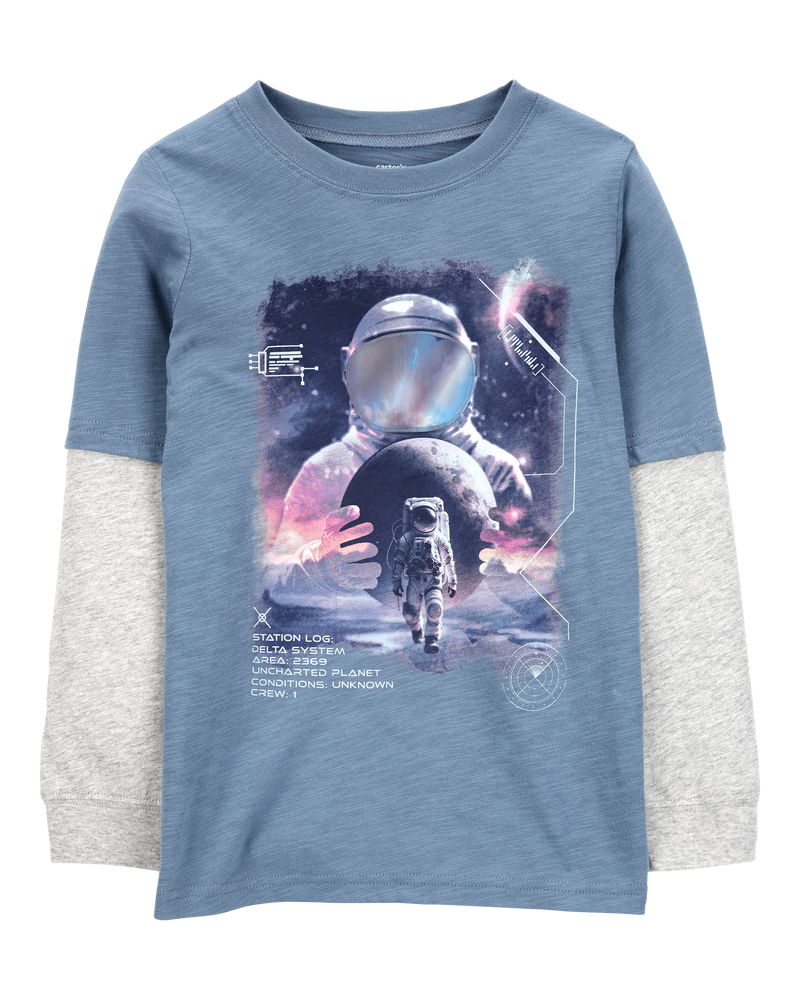 Kid Astronaut Cotton Blend Long-Sleeve Tee - Blue, image 1 of 4 slides
