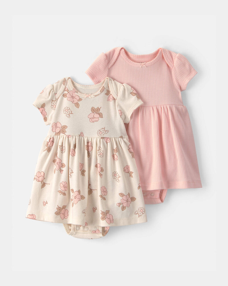 Baby Girl 2-Pack Floral Short-Sleeve Bodysuit Dress - Pink/Ivory, image 1 of 4 slides