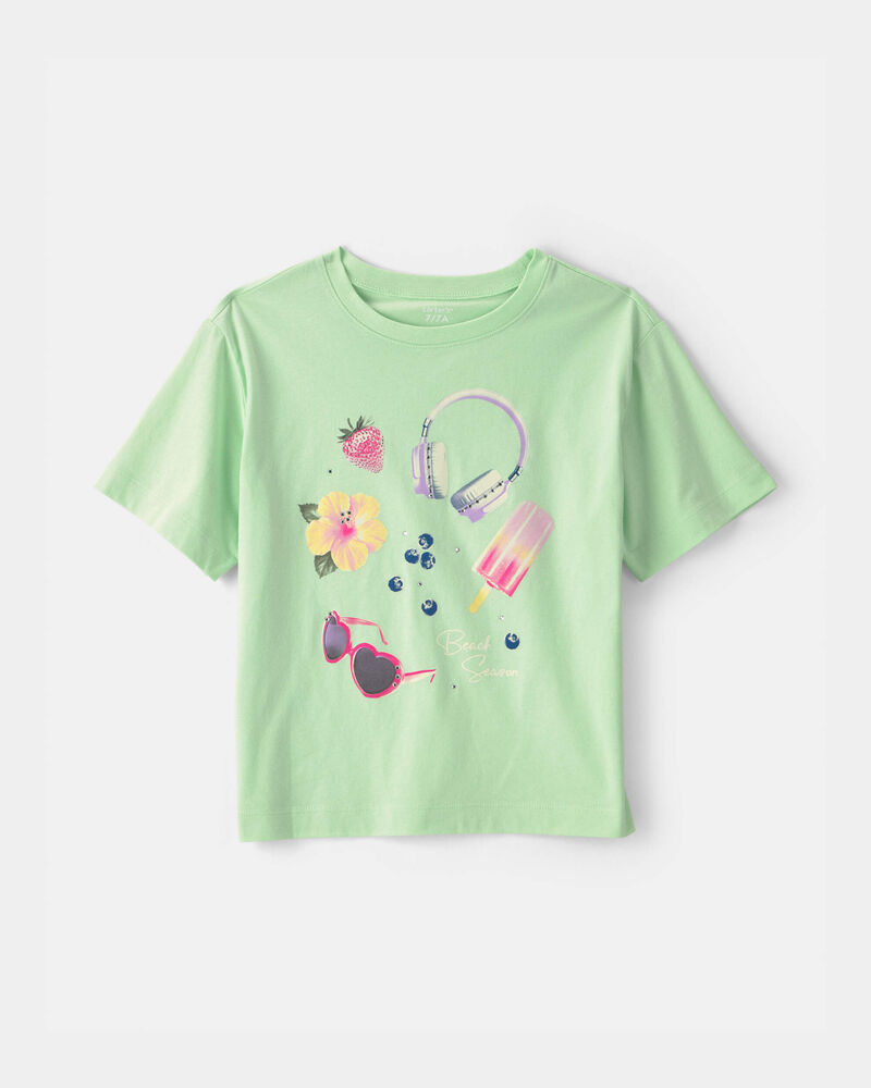 Girls 'Beach Season' Summer Graphic Tee - Green, image 1 of 4 slides