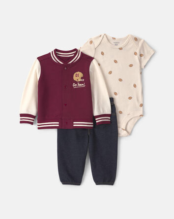 Baby Boy 3-Piece 'Go Team' Football French Terry Layering Set - Maroon, 