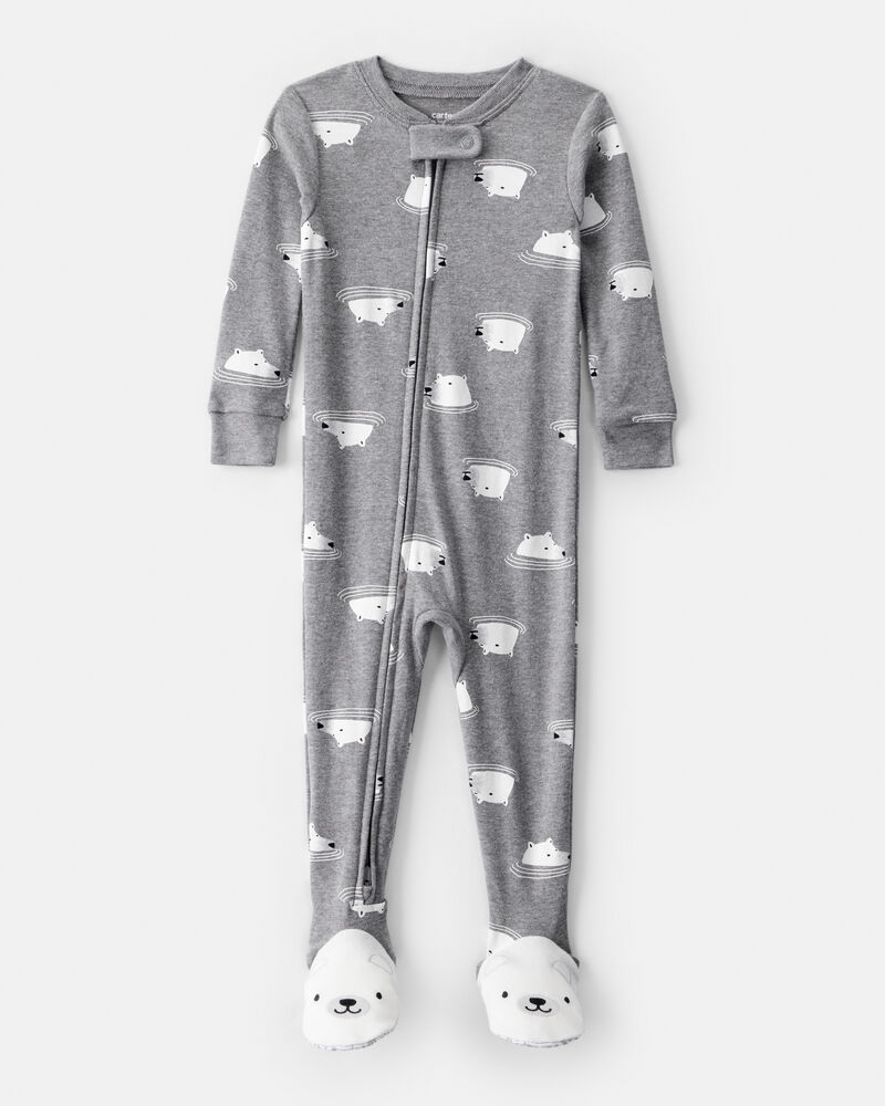 Baby Boy Polar Bear Cotton Snug Fit 2-Way Zip Footie 1-Piece Pyjamas - Grey, image 1 of 5 slides