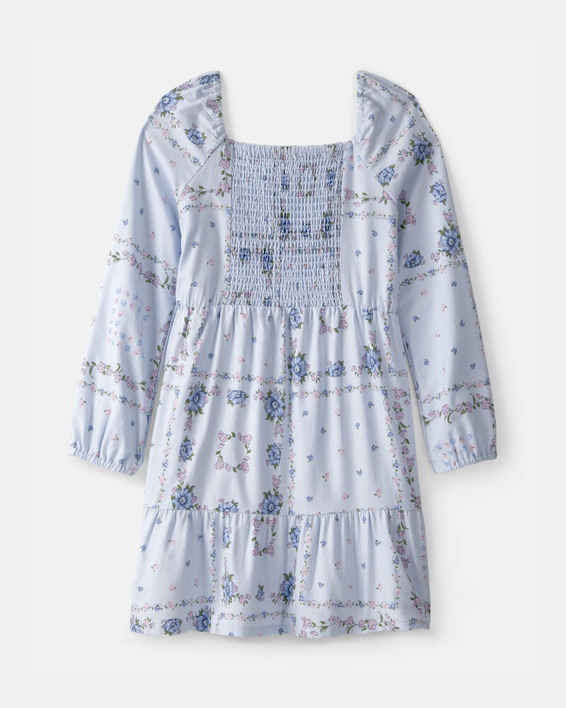 Filles - Robe &agrave; manches longues &agrave; smocks, bandana - Bleu, image 2 sur 3 diapositives