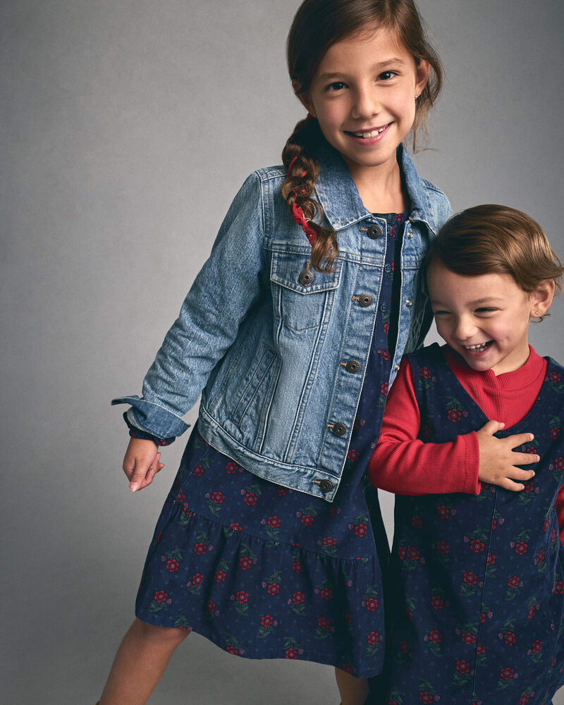 Filles - Robe manches longues en velours c&ocirc;tel&eacute; &agrave; motif floral - Bleu marine, image 3 sur 5 diapositives