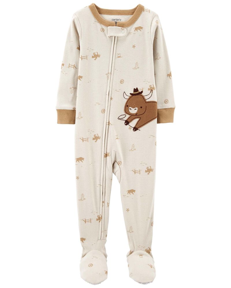 Bébé Pyjama 1 pièce à pieds en coton ajusté à imprimé de vache, image 1 sur 4 diapositives