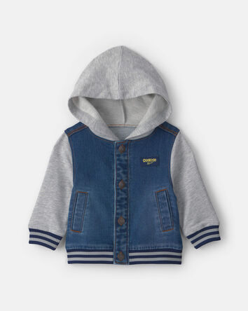 Baby Boy Varsity Hooded Denim Jacket - Blue/Grey, 