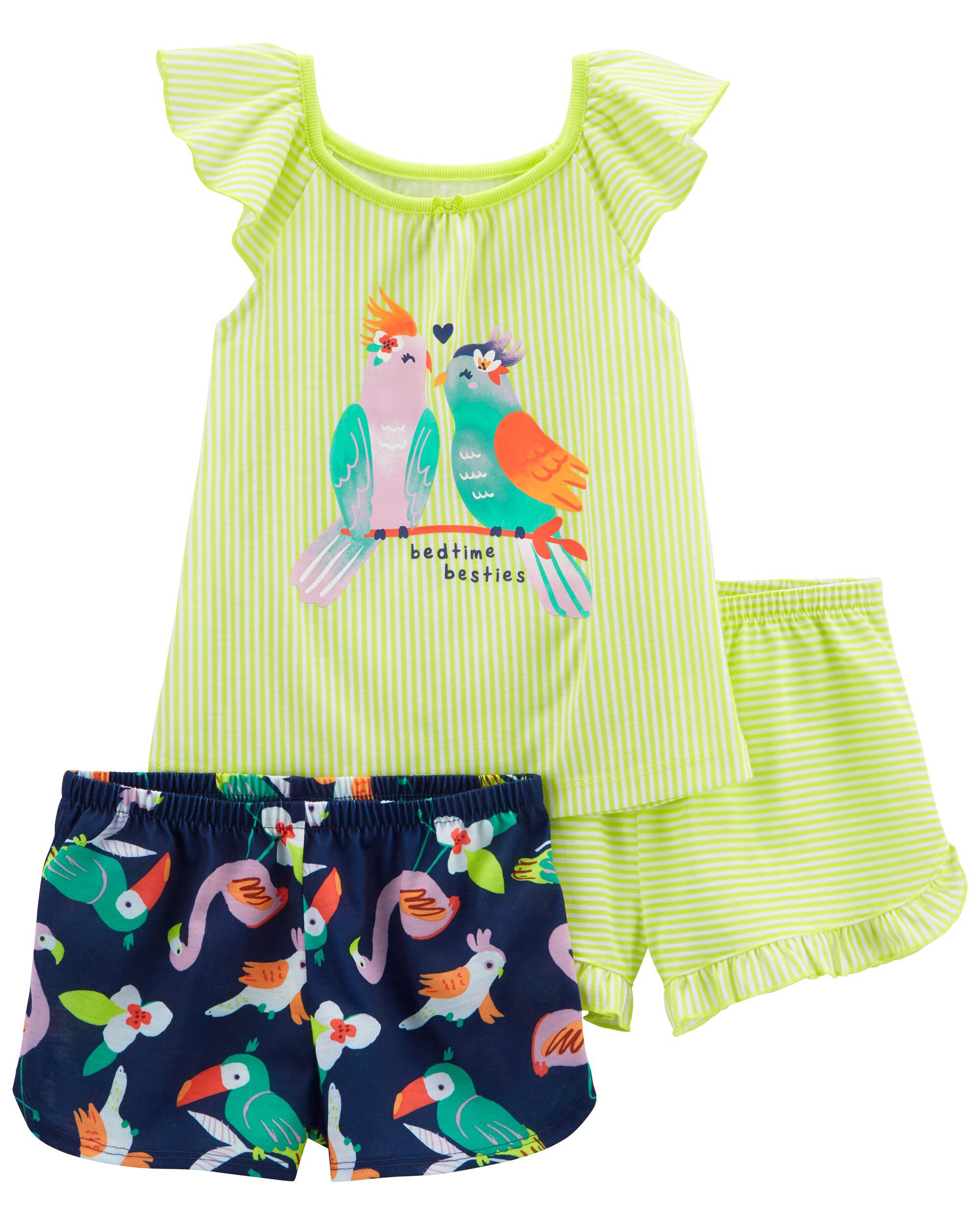 Toddler Girl 3 Piece Bird Print Pyjama Top Shorts Set