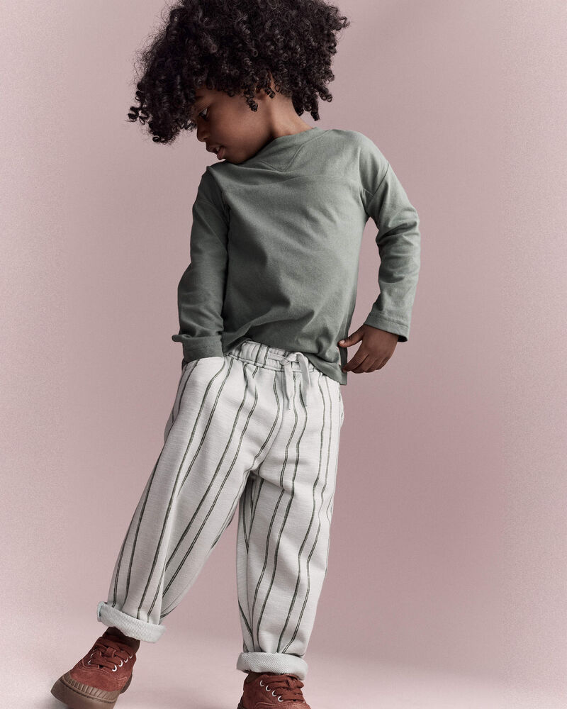 Tout-petit - Pantalon &agrave; poches en jersey bouclette &agrave; rayures - Sauge, image 1 sur 7 diapositives