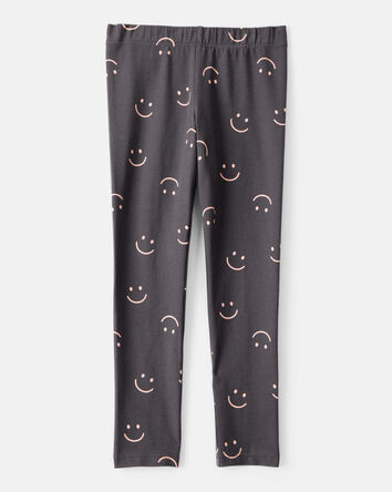 Filles - Legging extensible à enfiler en coton avec imprimé Smiley Face – Noir, 