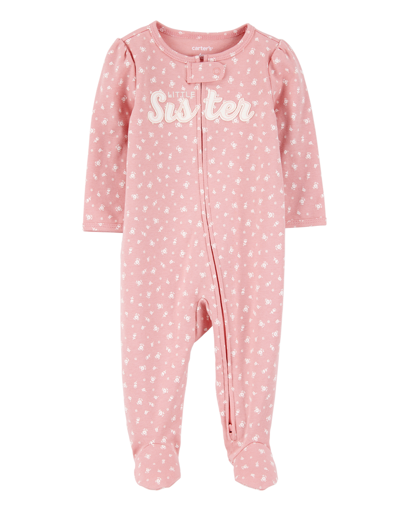 Baby Girl Little Sister 2-Way Zip Cotton Sleeper pyjamas, image 1 of 3 slides