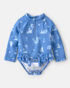 B&eacute;b&eacute; fille - Maillot 1 pi&egrave;ce dermoprotecteur &agrave; manches longues &agrave; motif bateau &agrave; voile - Bleu, image 2 sur 4 diapositives