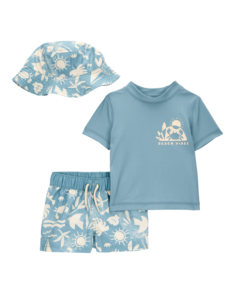 Baby 3-Piece "Beach Vibes" Rashguard Swim Trunk & Hat Set, image 1 of 4 slides