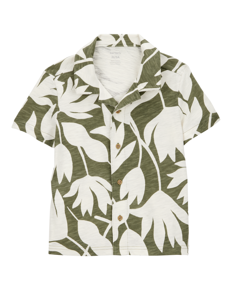 Toddler Tropical Print Cotton Short-Sleeve Fashion Top - Olive/White, image 1 of 3 slides