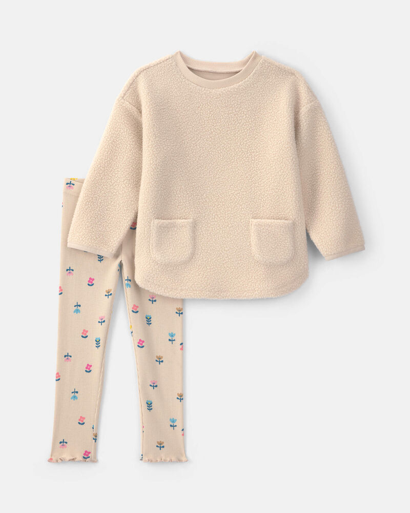 Toddler Girl 2-Piece Floral Fleece Long-Sleeve Top & Pant Set - Cream, image 1 of 4 slides