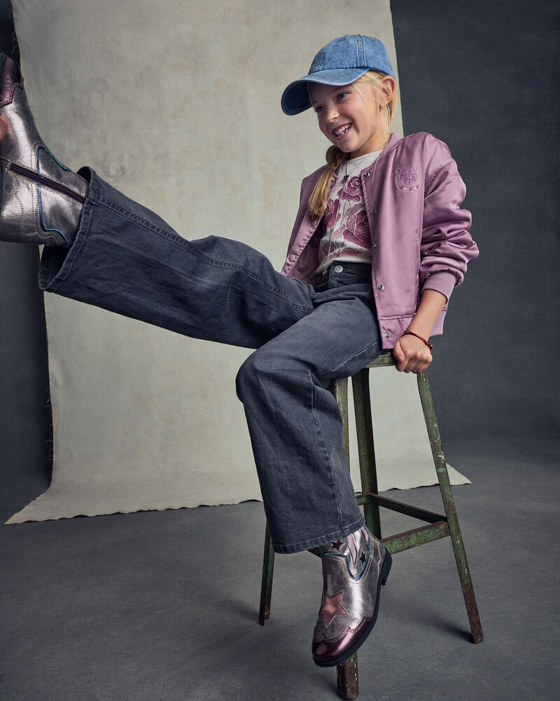 Filles - Pantalon en denim &agrave; jambe large &agrave; motif floral &ndash; D&eacute;lav&eacute; fonc&eacute;, image 5 sur 7 diapositives