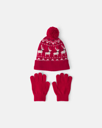 Kids 2-Piece Fair Isle Christmas Beanie & Glove Set - Red, 