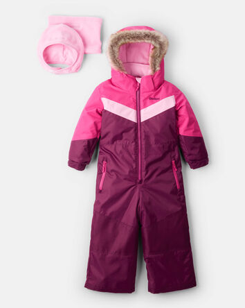 Toddler Girl 1-Piece Taslan Retro Snowsuit - Fuscia , 