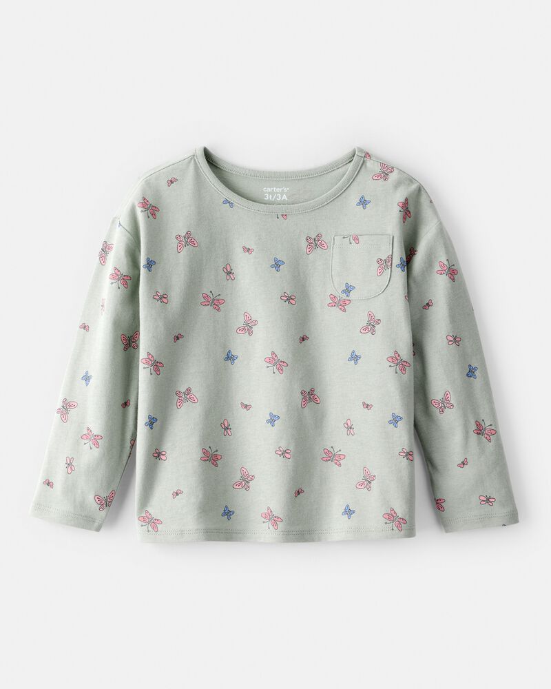 Toddler Girl Butterfly Print Long Sleeve Tee - Green, image 1 of 3 slides