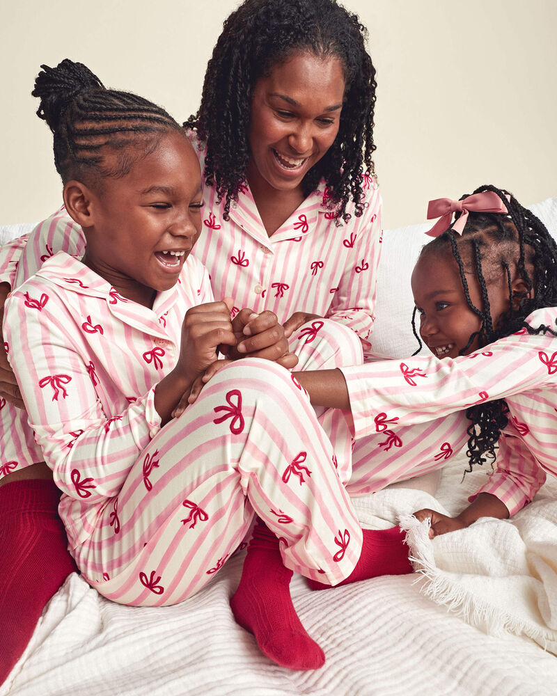 Girls Bow Print Relaxed Fit Pyjama Set - Pink, image 4 of 5 slides