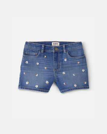 Girls Floral Denim Embroidered Shorts - Medium Wash, 
