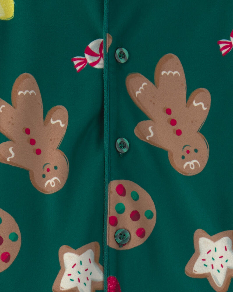 Kids 2-Piece Christmas Gingerbread Fleece Loose Fit Pyjama Set - Green, image 2 of 3 slides