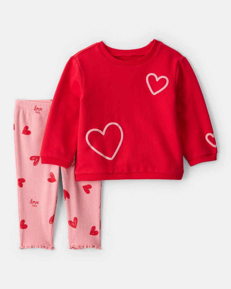Baby Girl Valentine's Day 2-Piece Heart French Terry Tee & Pant Set - Red, image 1 of 6 slides