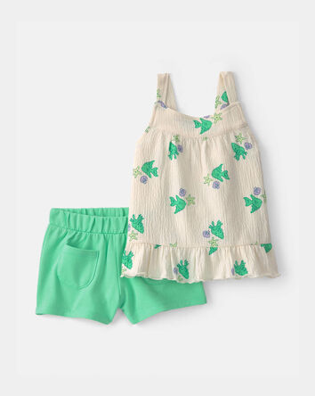 Toddler Girl 2-Piece Fish Ruffle Top & Short Set - Green/White, 