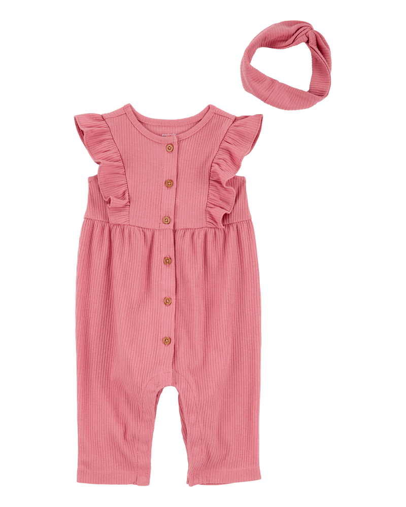Bébé fille - Ensemble 2 pièces combinaison et bandeau, image 1 sur 4 diapositives