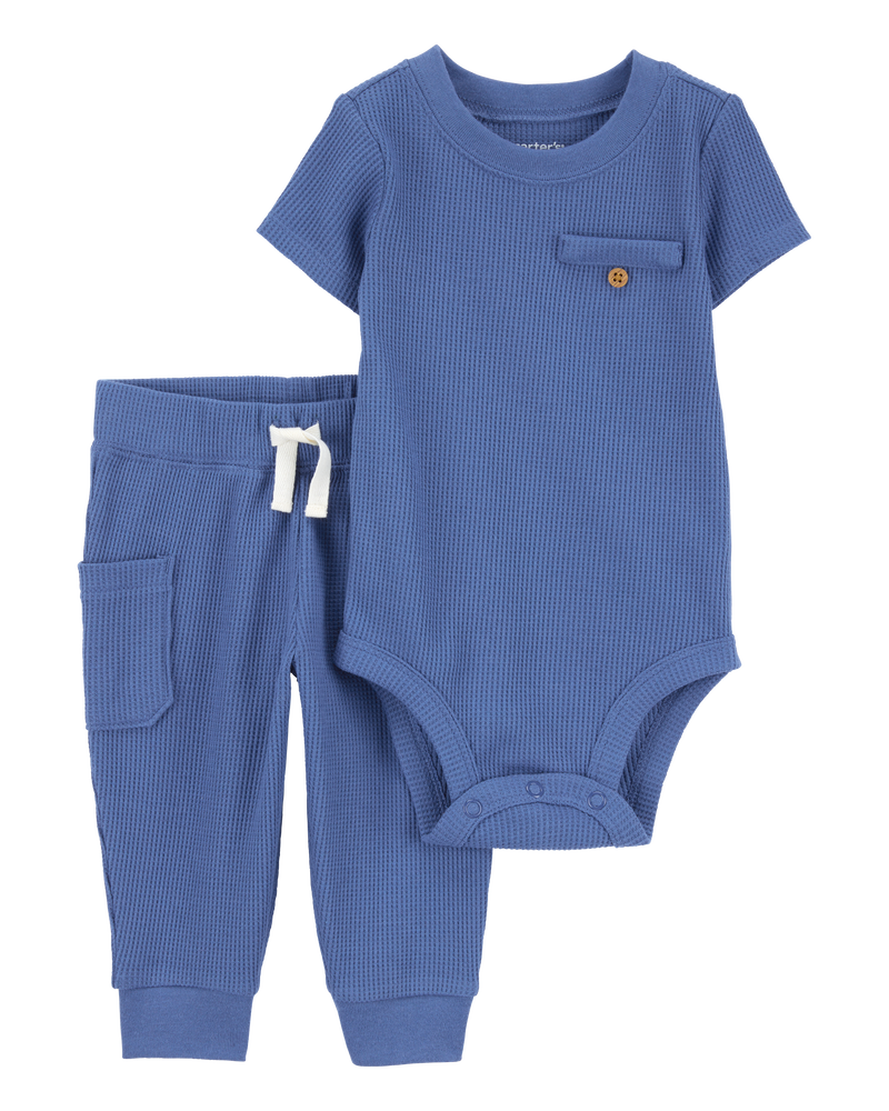 Baby 2-Piece Short-Sleeve Bodysuit Pant Set - Blue, image 1 of 5 slides