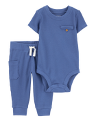 Baby 2-Piece Short-Sleeve Bodysuit Pant Set - Blue, image 1 of 5 slides