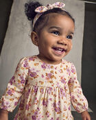 B&eacute;b&eacute; fille - Ensemble 2 pi&egrave;ces robe manches longues en serg&eacute; &agrave; motif floral &ndash; Cr&egrave;me, image 2 sur 5 diapositives