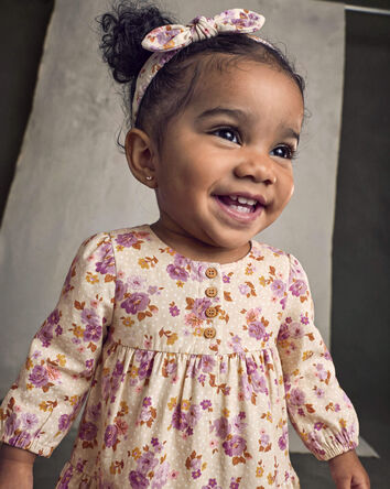 B&eacute;b&eacute; fille - Ensemble 2 pi&egrave;ces robe manches longues en serg&eacute; &agrave; motif floral &ndash; Cr&egrave;me, 