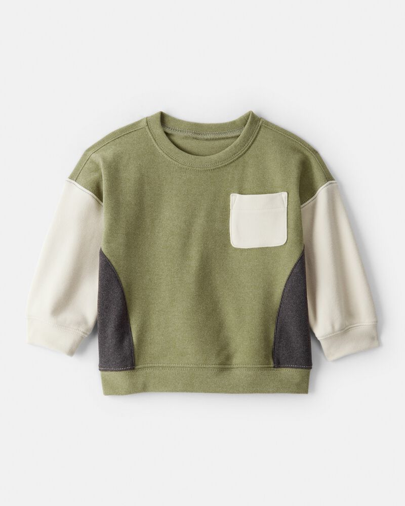 Baby Boy Colourblock French Terry Long-Sleeve Pullover Sweatshirt - Green, image 1 of 3 slides