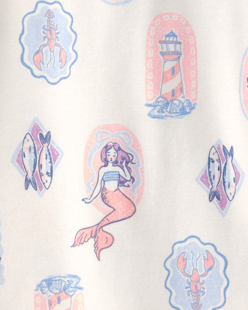 Girls Mermaid 100% Cotton Snug Fit 4-Piece Pyjama Set - Blue/Ivory, image 2 of 4 slides