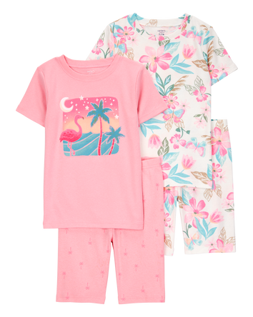 Kid Flamingo Print Snug Fit Cotton 4-Piece Pyjamas, 