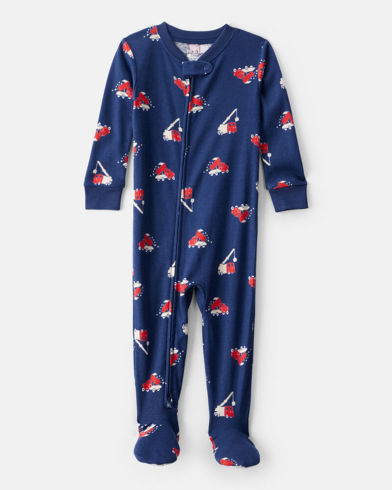 Baby Boy Construction 100% Cotton Snug Fit 2-Way Zip Footie 1-Piece Pyjamas - Navy, image 1 of 4 slides