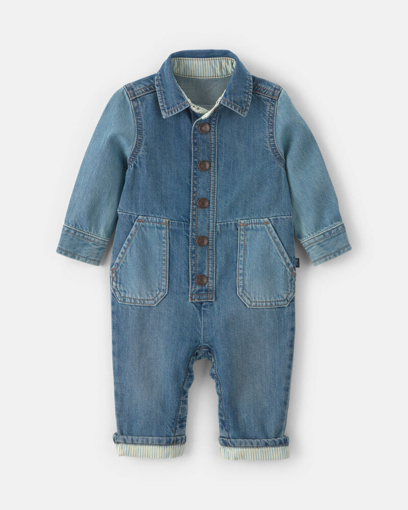 B&eacute;b&eacute; - Combinaison manches longues en denim &agrave; logo OshKosh - D&eacute;lav&eacute; moyen, image 2 sur 4 diapositives