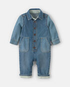 B&eacute;b&eacute; - Combinaison manches longues en denim &agrave; logo OshKosh - D&eacute;lav&eacute; moyen, image 2 sur 4 diapositives