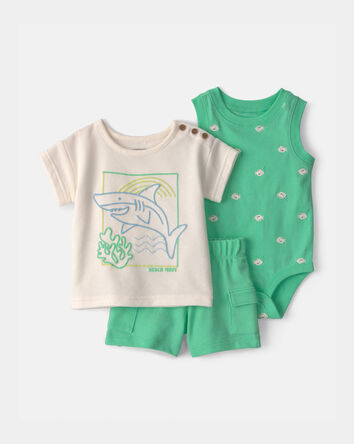 Baby Boy 3-Piece Shark Top, Bodysuit & Short Set - Green/Ivory, 
