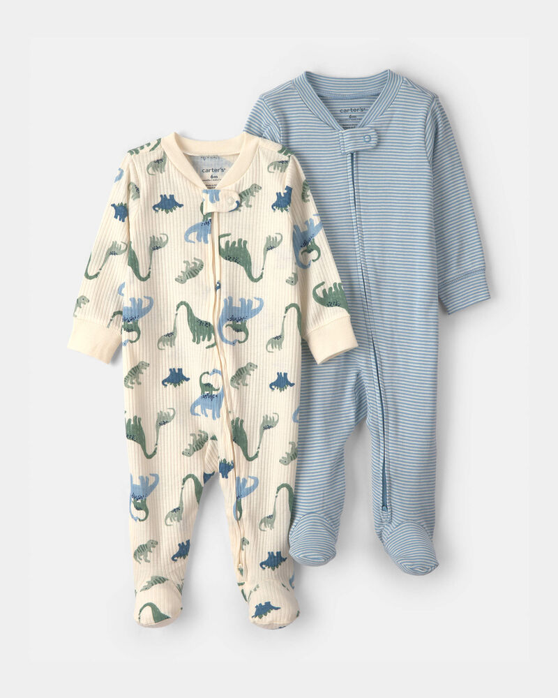 Baby Boy 2-Pack Snug Fit Sleepers Stripe and Dino - Blue, image 1 of 5 slides