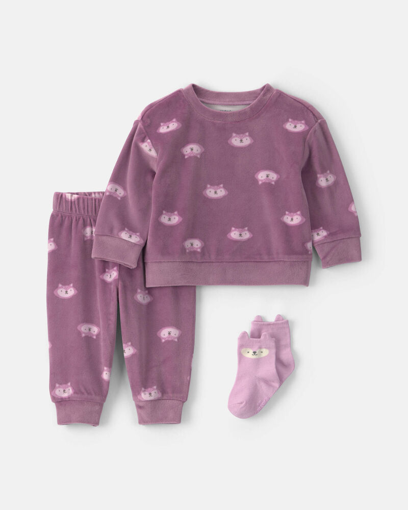Baby Girl 3-Piece Fox Long-Sleeve Top & Pant Set - Purple, image 1 of 4 slides