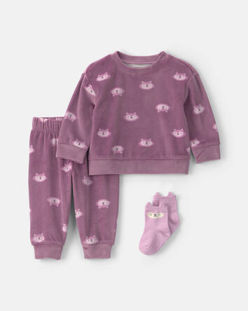 Baby Girl 3-Piece Fox Long-Sleeve Top & Pant Set - Purple, 