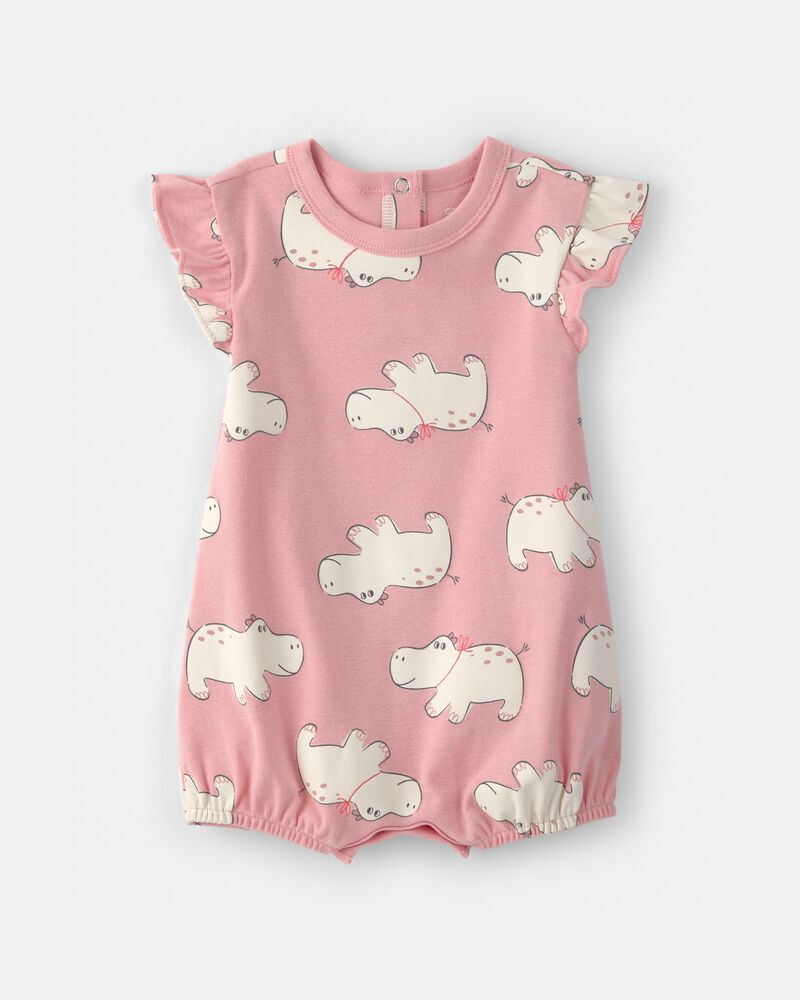 Baby Girl Hippo Short-Sleeve Romper - Pink, image 1 of 3 slides