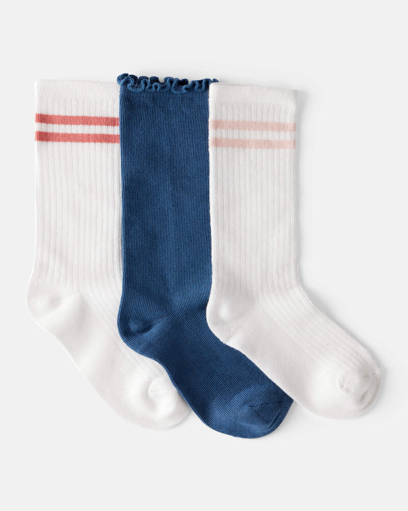 Girls 3-Pack Crew Socks - White/Navy, image 1 of 2 slides