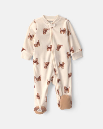 Baby Boy Dog Fleece 2-Way Zip Sleeper Pyjamas - Cream, 